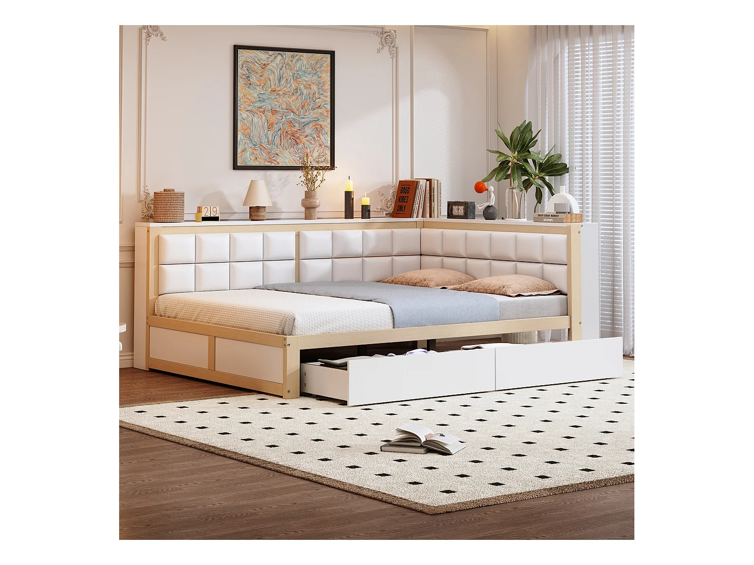 Lit banquette 140x200 cm avec 2 tiroirs de rangement et sommier à lattes, blanc et bois - sans matelas