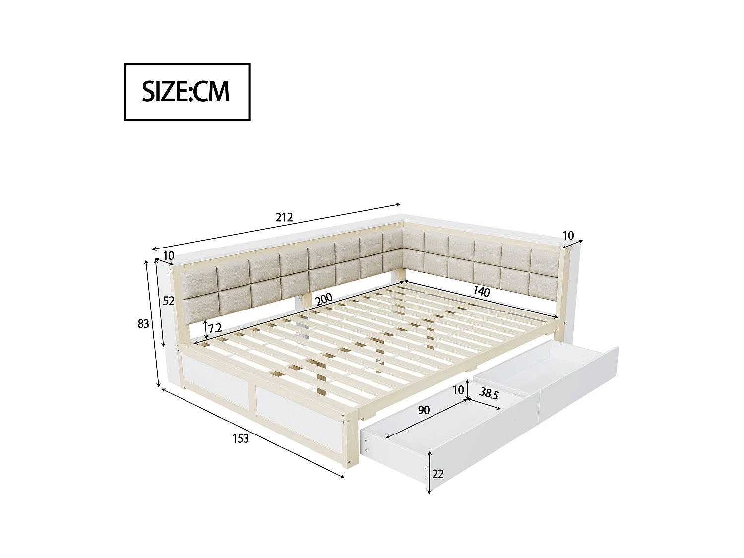 Lit banquette 140x200 cm avec 2 tiroirs de rangement et sommier à lattes, blanc et bois - sans matelas