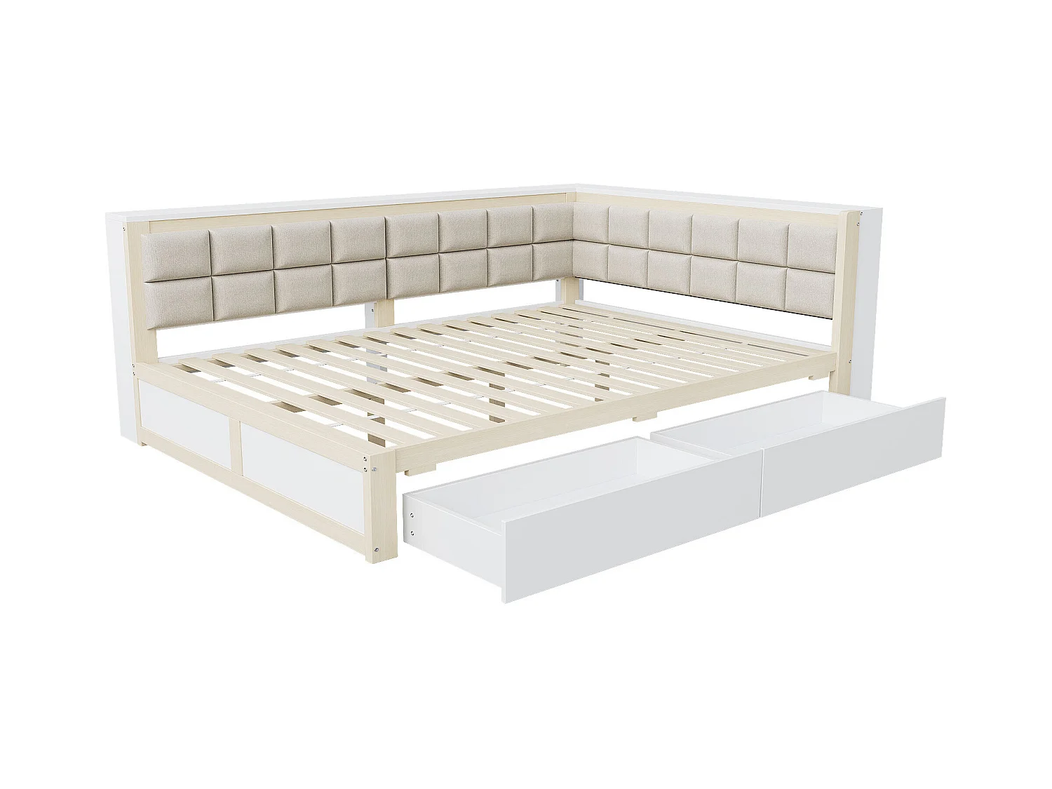 Lit banquette 140x200 cm avec 2 tiroirs de rangement et sommier à lattes, blanc et bois - sans matelas