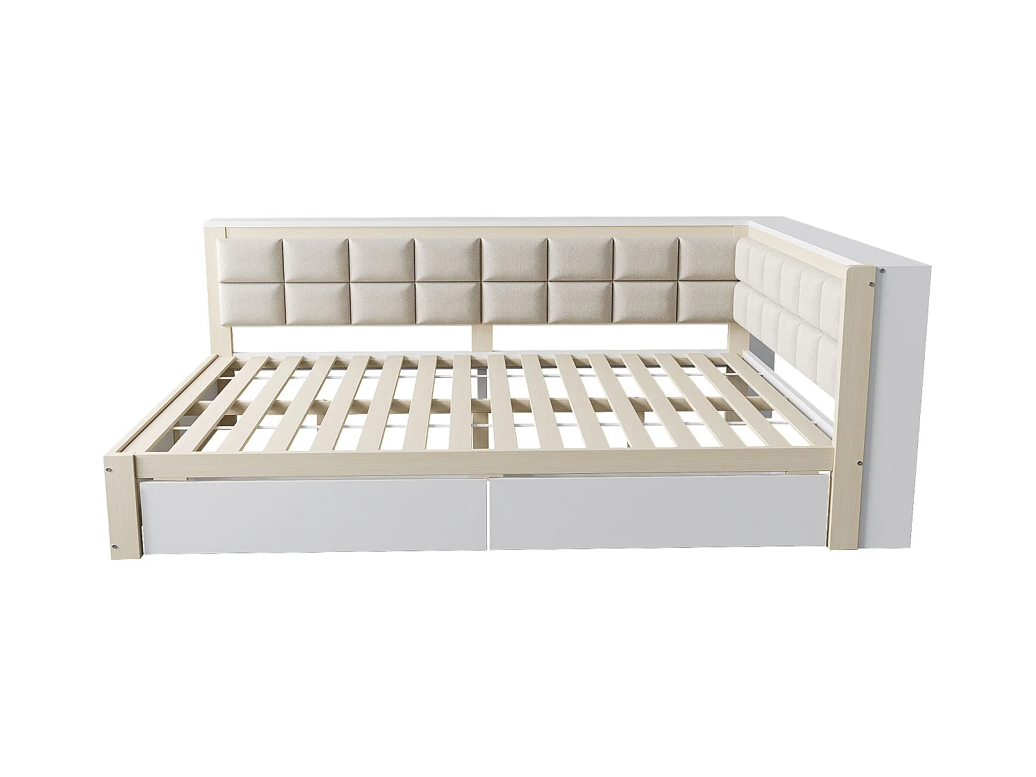 Lit banquette 140x200 cm avec 2 tiroirs de rangement et sommier à lattes, blanc et bois - sans matelas
