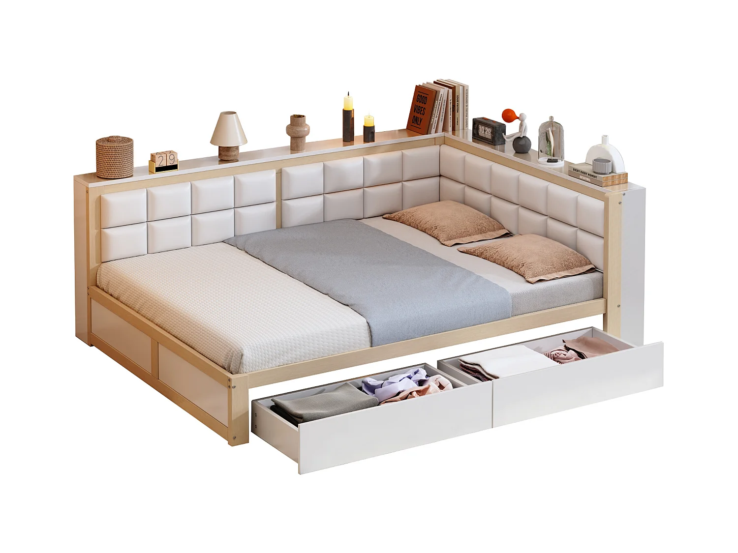 Lit banquette 140x200 cm avec 2 tiroirs de rangement et sommier à lattes, blanc et bois - sans matelas