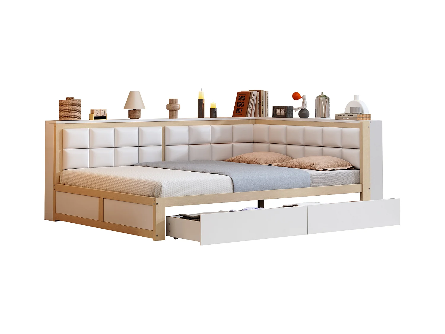 Lit banquette 140x200 cm avec 2 tiroirs de rangement et sommier à lattes, blanc et bois - sans matelas