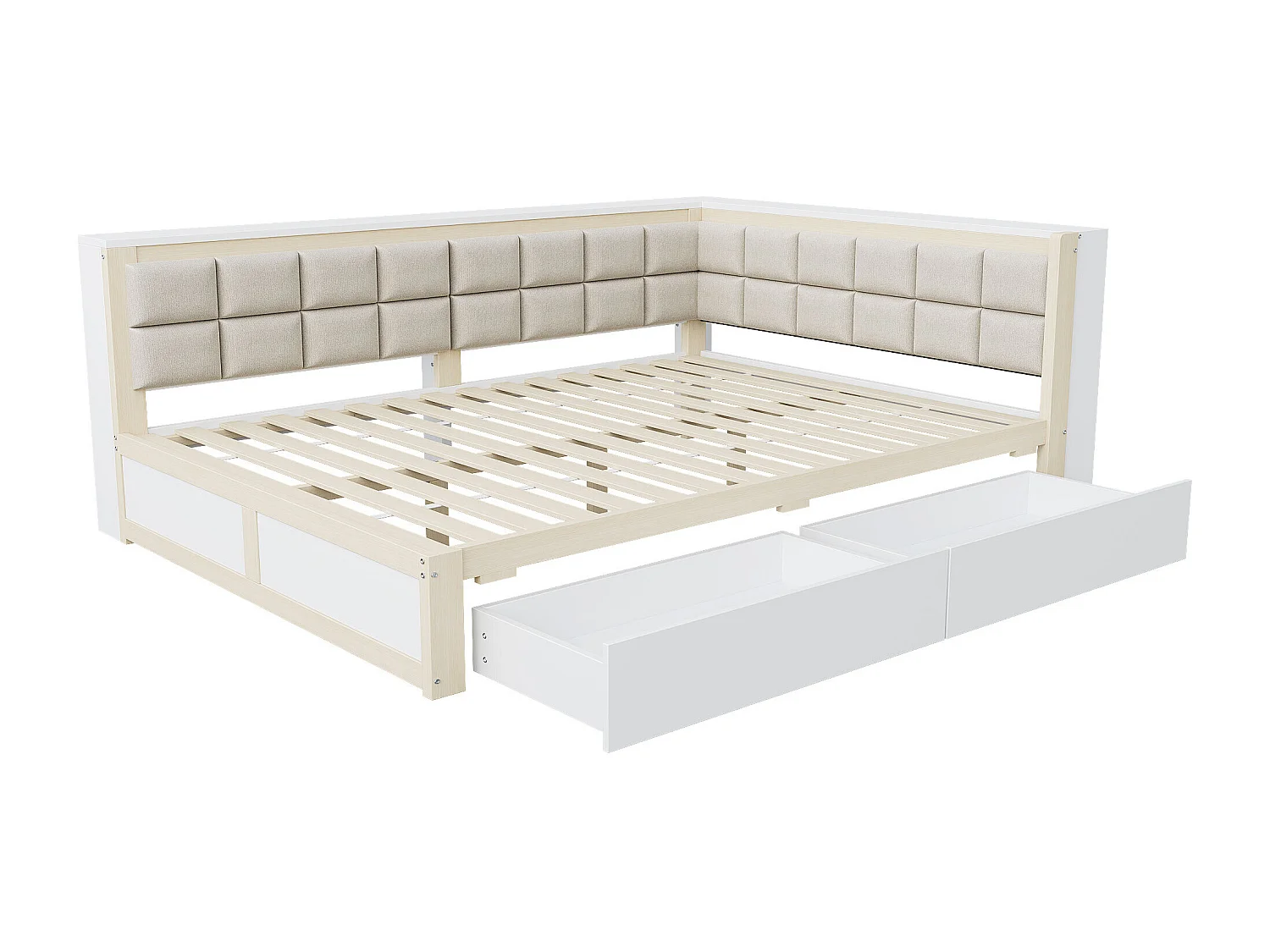 Lit banquette 140x200 cm avec 2 tiroirs de rangement et sommier à lattes, blanc et bois - sans matelas