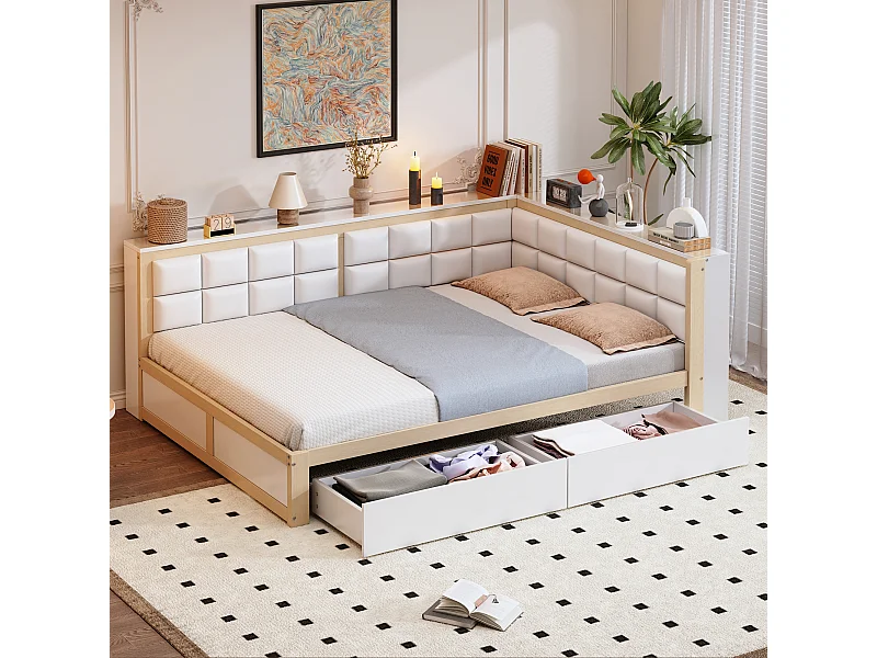 Schlafsofa 140x200 cm mit 2 Schubladen und Lattenrost, weiß und Holz – ohne Matratze