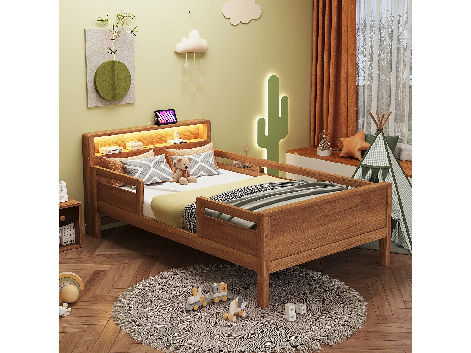 Kinderbed 90x200 cm, eenpersoonsbed met ledverlichting en USB, houtkleur, grenenhout - zonder matras