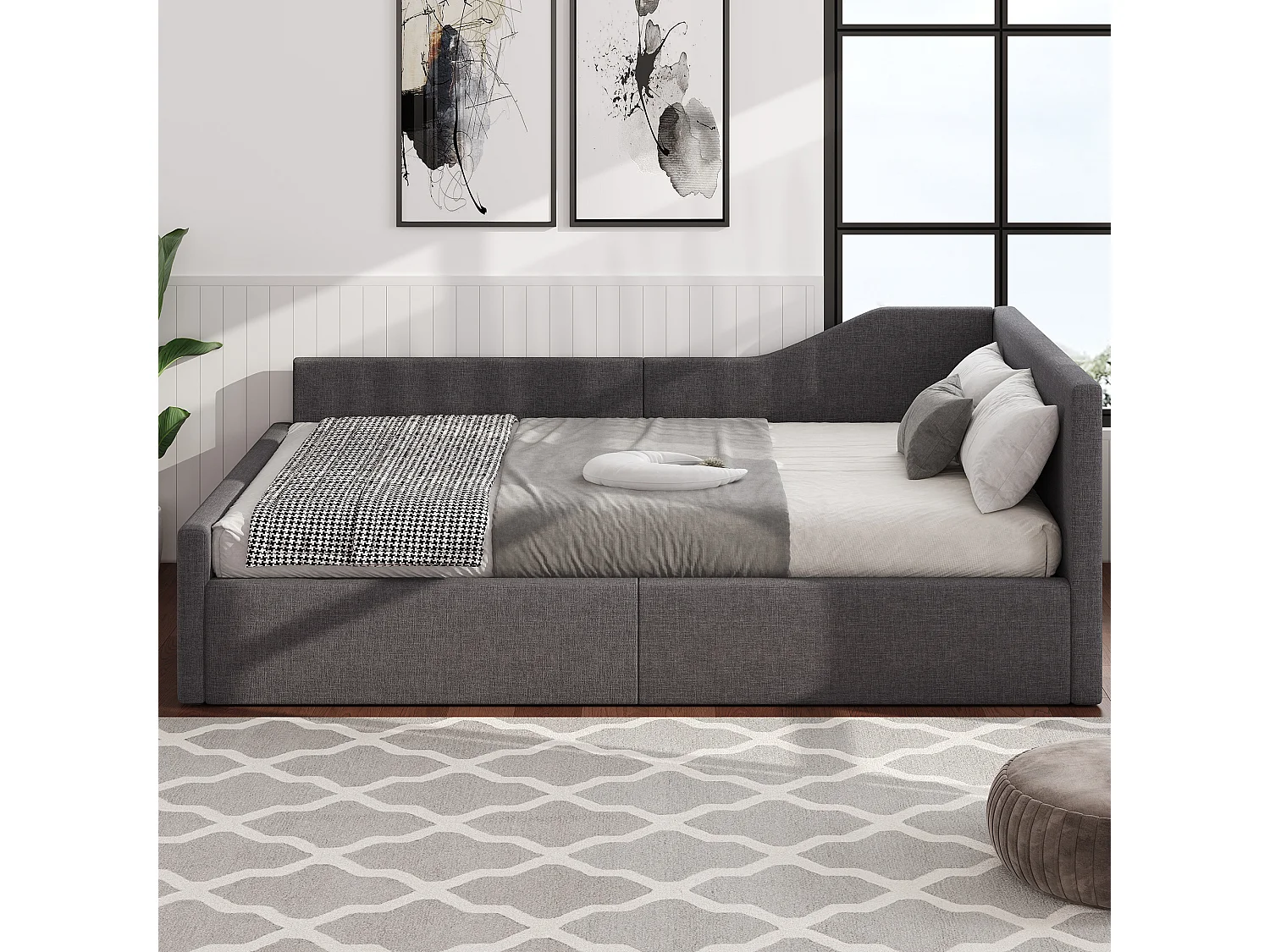 Lit banquette 140x200 cm, lin gris, lit avec rangement et sommier à lattes - sans matelas