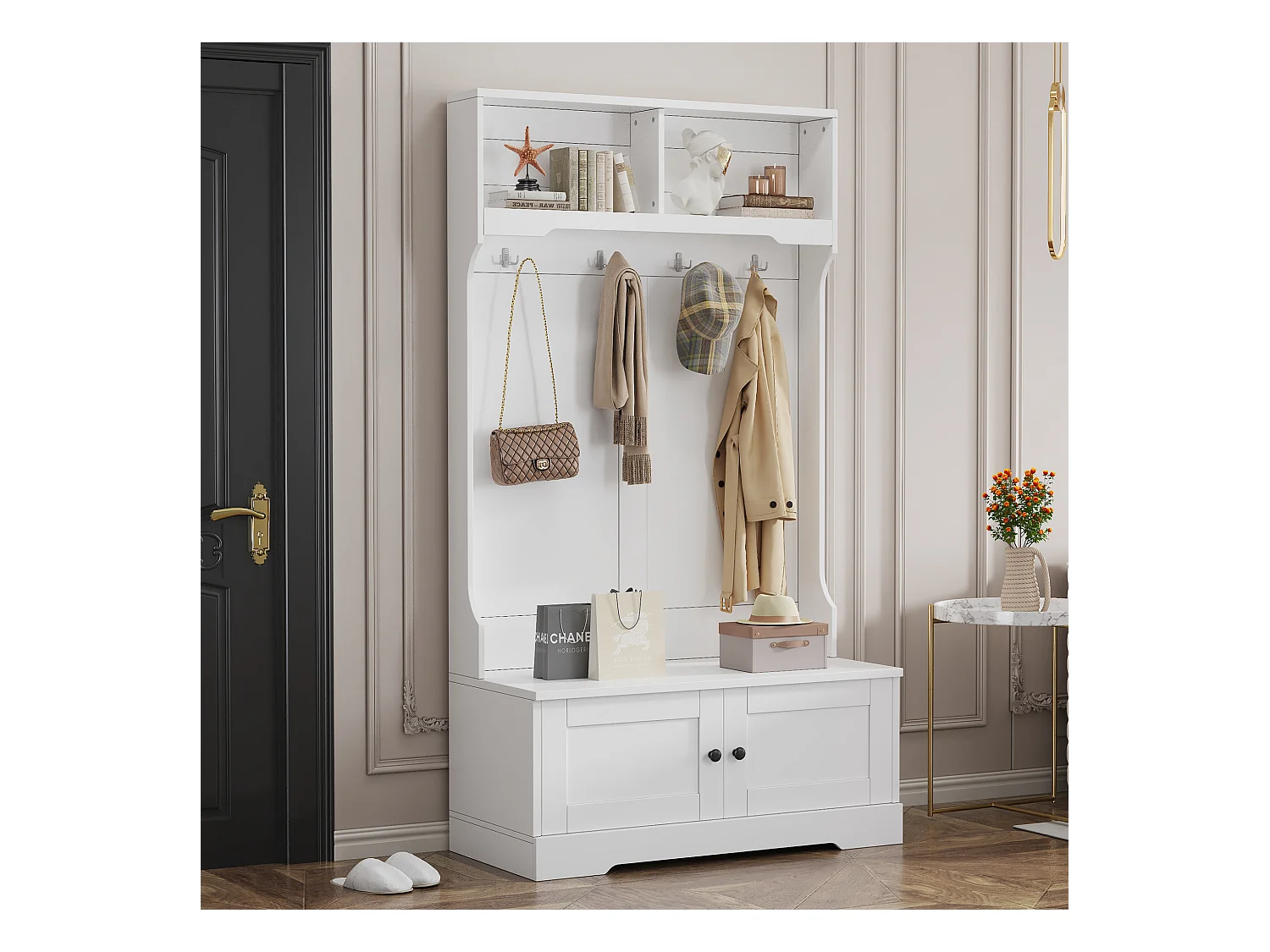 Porte-manteau blanc avec 4 crochets et 2 portes de rangement – pour entrées et couloirs