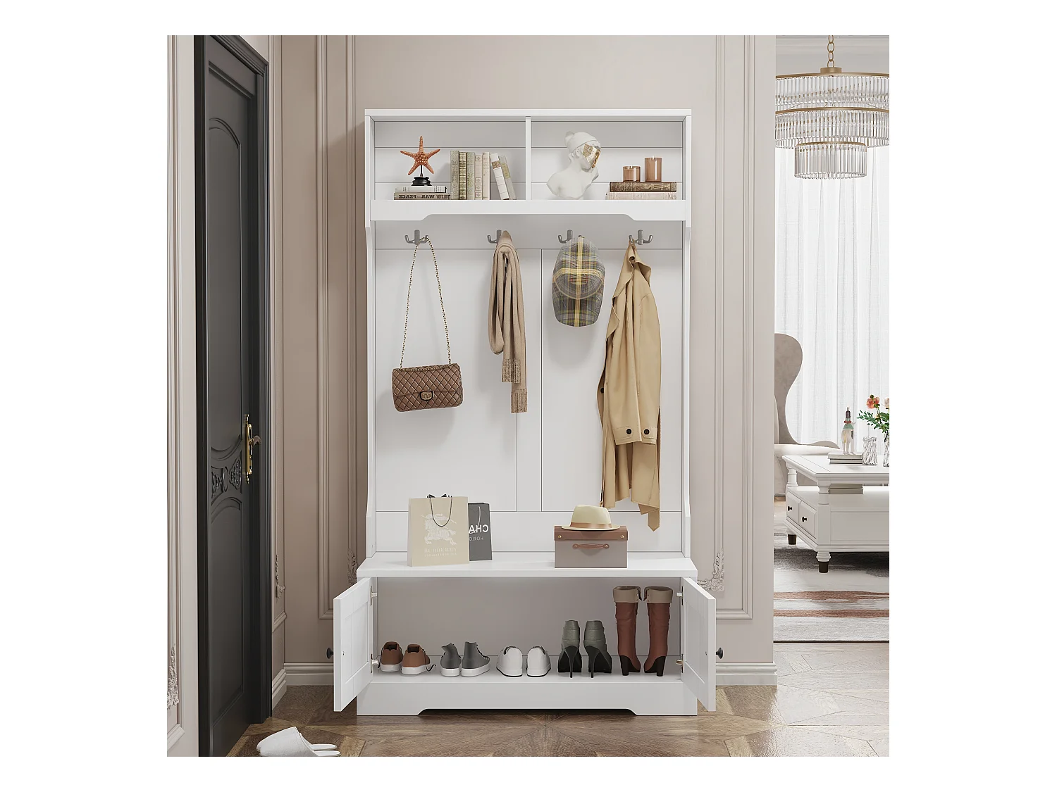 Porte-manteau blanc avec 4 crochets et 2 portes de rangement – pour entrées et couloirs