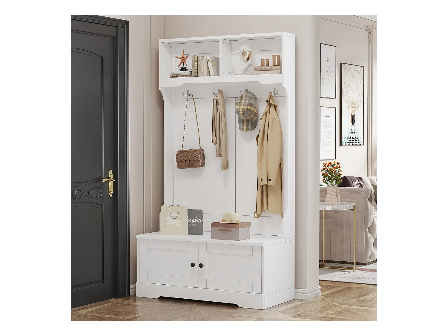 Porte-manteau blanc avec 4 crochets et 2 portes de rangement – pour entrées et couloirs