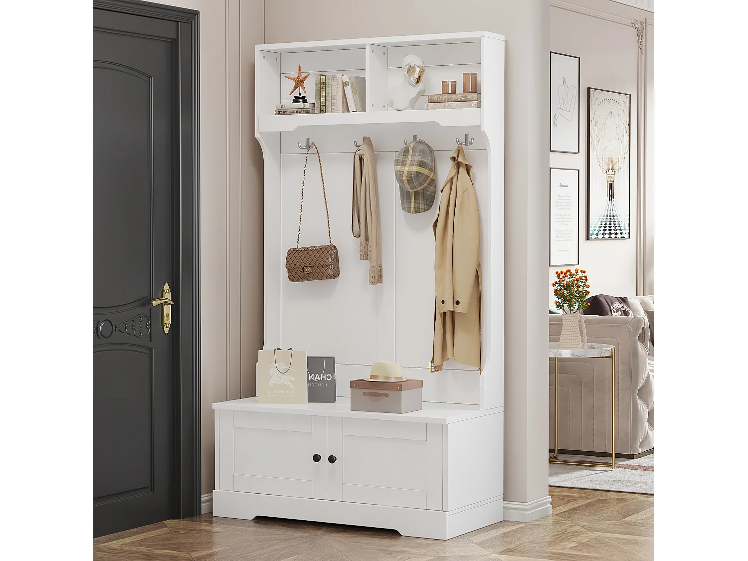 Perchero blanco con 4 ganchos y 2 puertas de almacenamiento – Para recibidores y pasillos