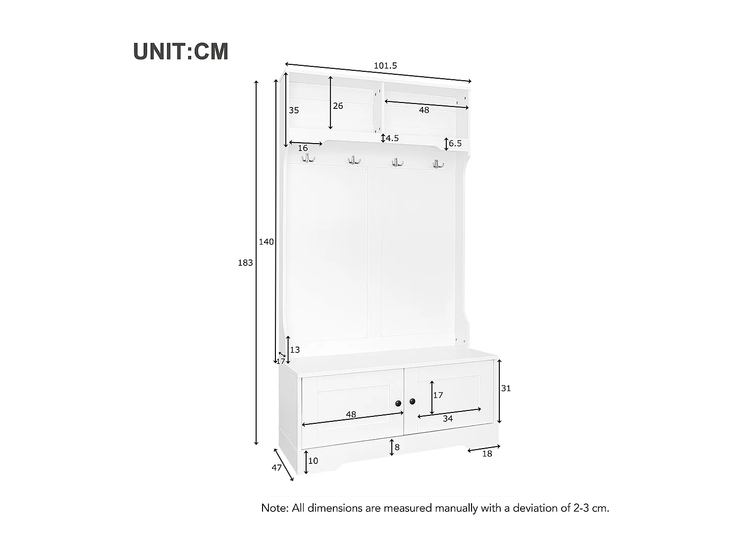 Perchero blanco con 4 ganchos y 2 puertas de almacenamiento – Para recibidores y pasillos