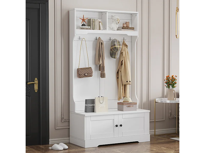 Biały wieszak na ubrania z 4 haczykami i 2 drzwiami – Do przedpokojów i korytarzy