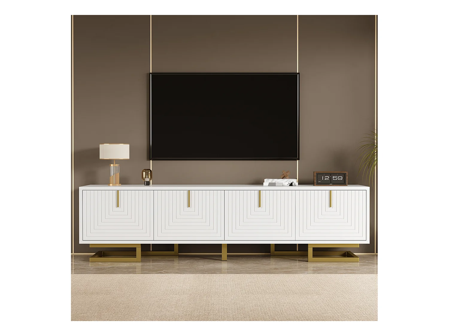 Meuble TV blanc avec 4 portes texturées, poignées et pieds dorés -pour salon et bureaux