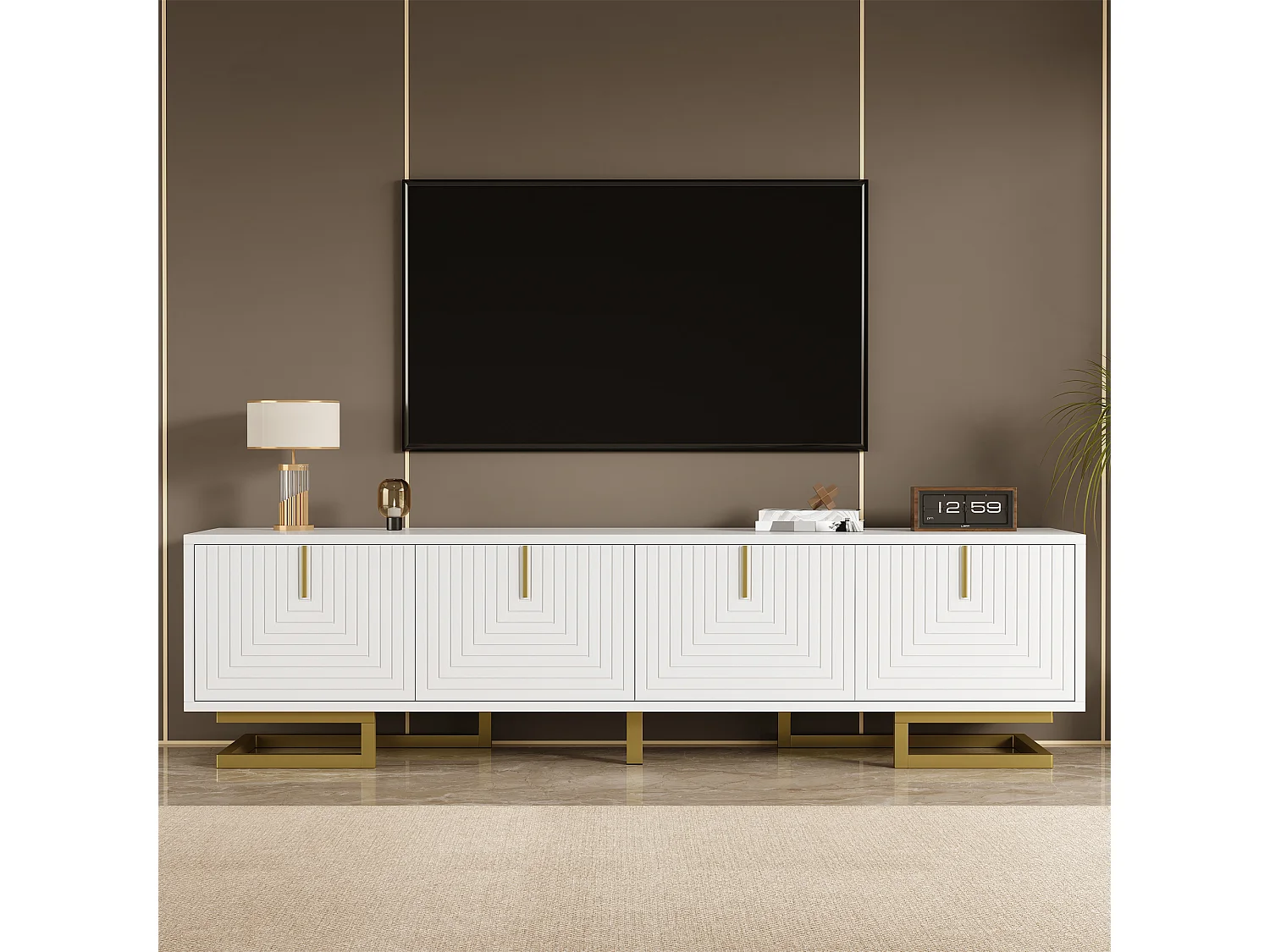 Meuble TV blanc avec 4 portes texturées, poignées et pieds dorés -pour salon et bureaux