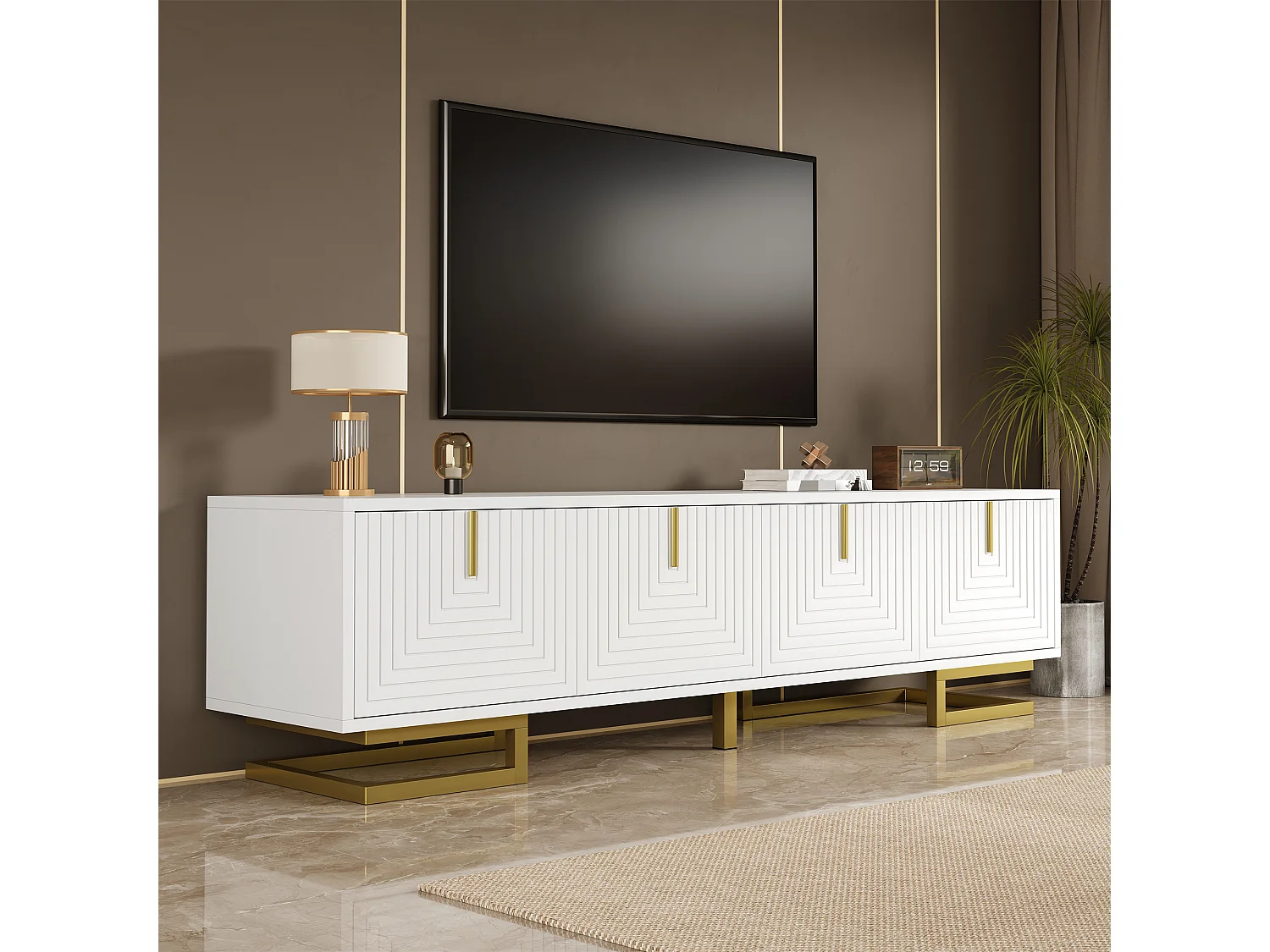 Meuble TV blanc avec 4 portes texturées, poignées et pieds dorés -pour salon et bureaux