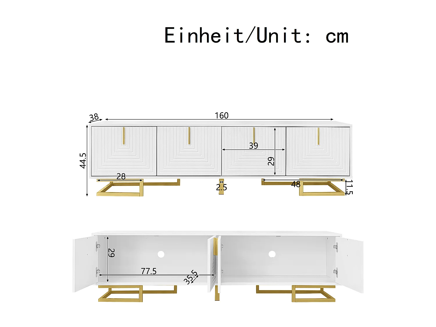 Meuble TV blanc avec 4 portes texturées, poignées et pieds dorés -pour salon et bureaux