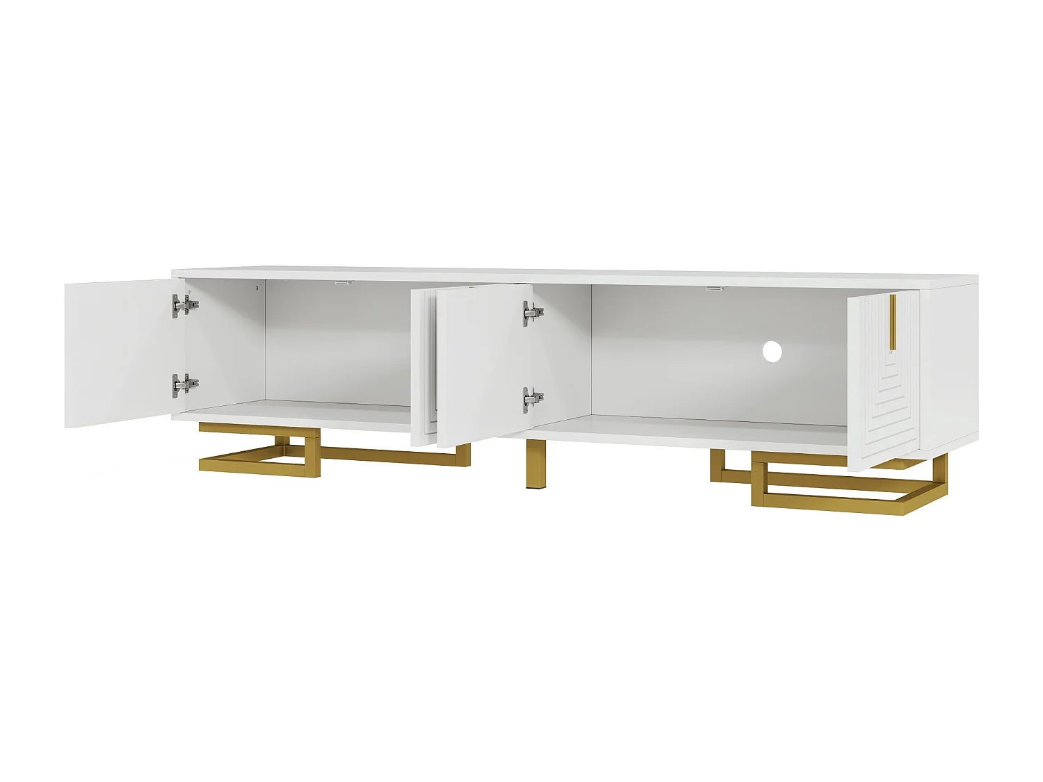 Meuble TV blanc avec 4 portes texturées, poignées et pieds dorés -pour salon et bureaux