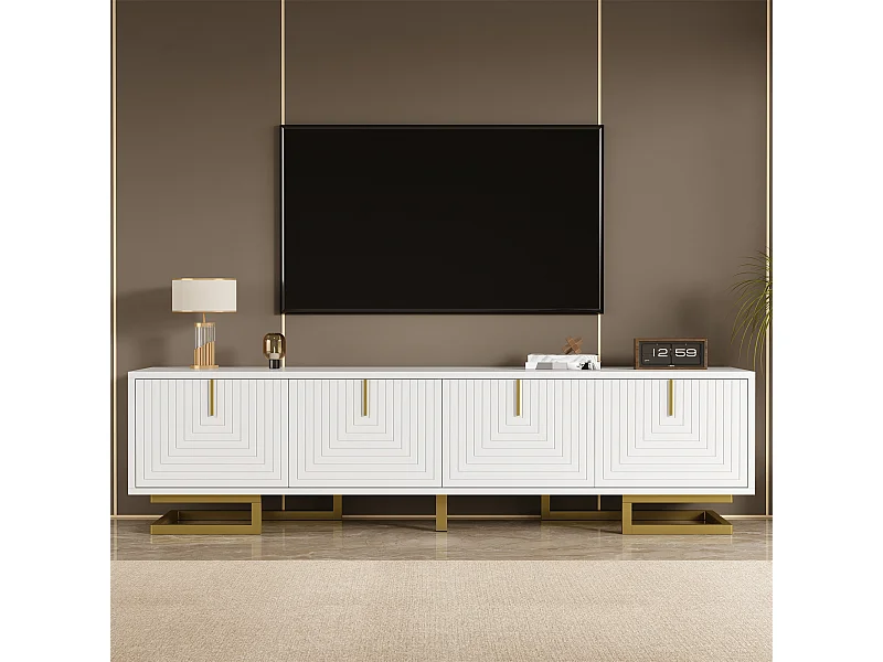 Meuble TV blanc avec 4 portes texturées, poignées et pieds dorés -pour salon et bureaux