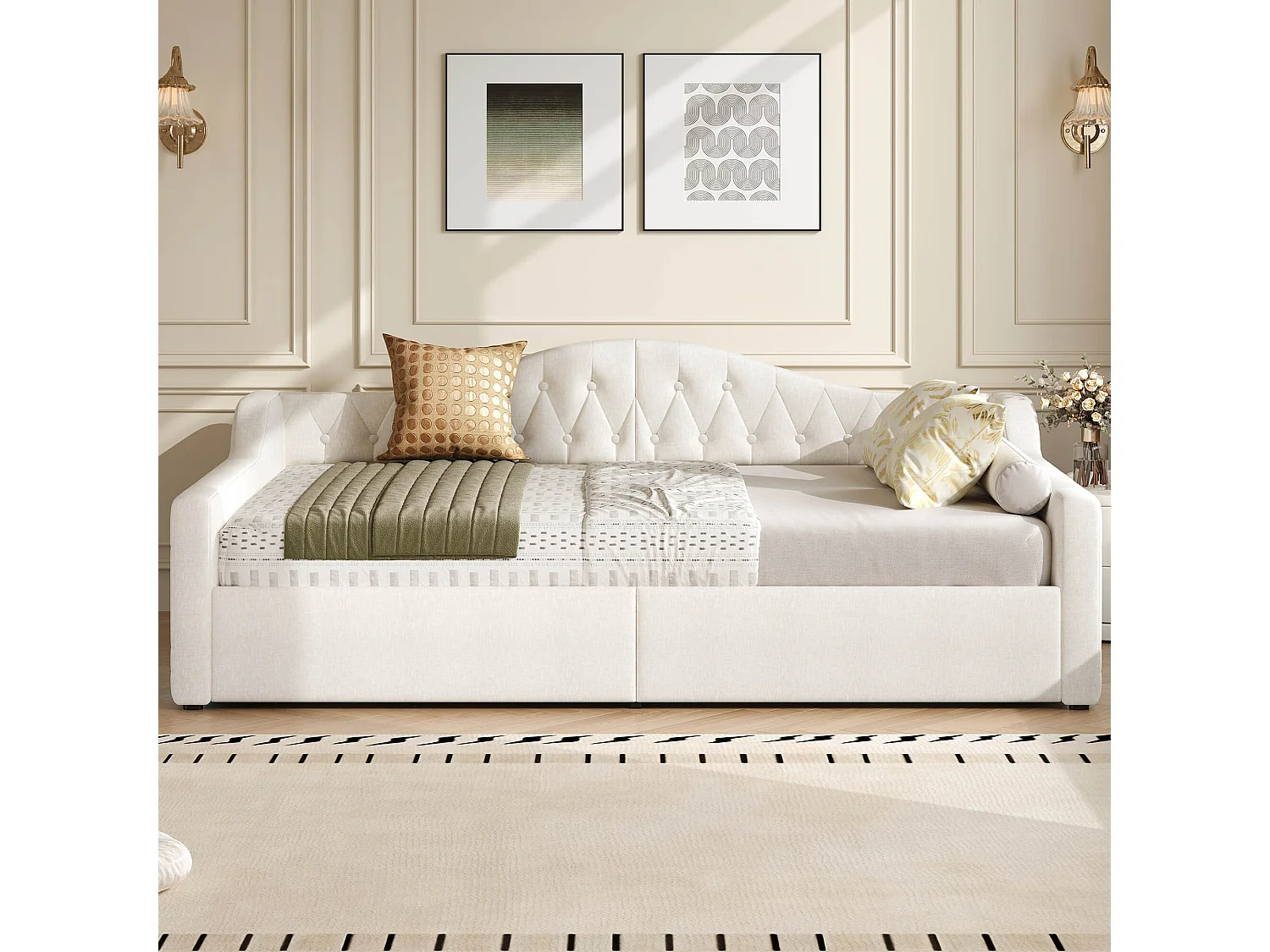 Slaapbank 140x200 cm, beige linnen, bed met opbergruimte, ledstrip en lattenbodem - zonder matras