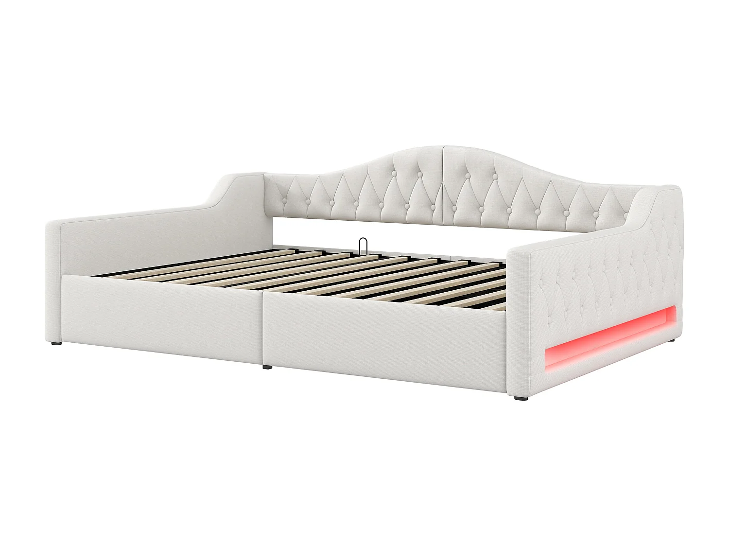 Slaapbank 140x200 cm, beige linnen, bed met opbergruimte, ledstrip en lattenbodem - zonder matras