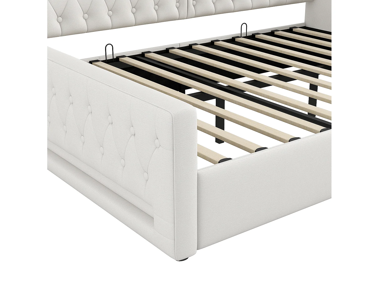 Slaapbank 140x200 cm, beige linnen, bed met opbergruimte, ledstrip en lattenbodem - zonder matras