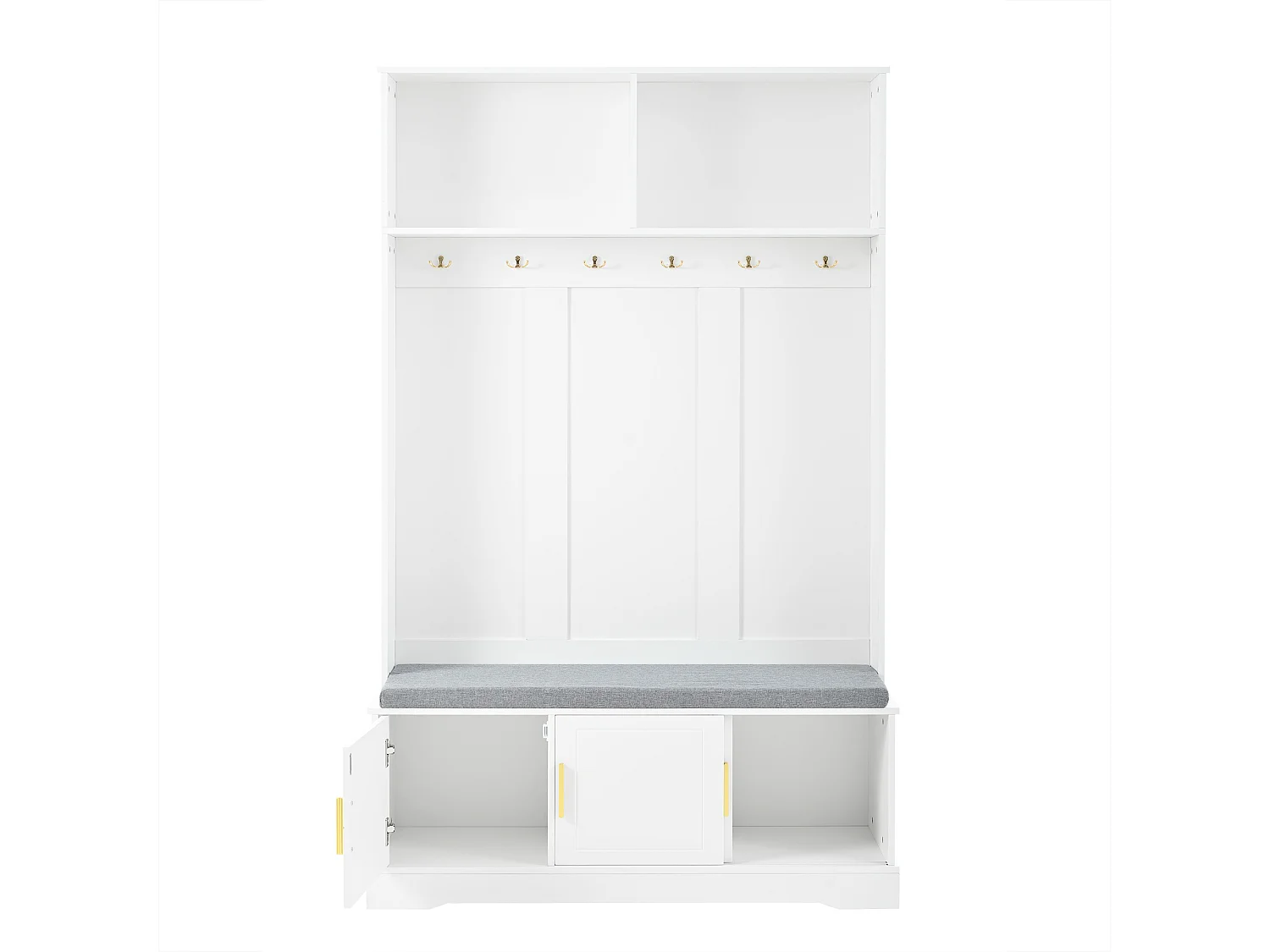 Porte-manteau blanc avec banc à chaussures, 6 crochets et espace de rangement - Meuble d’entrée compact