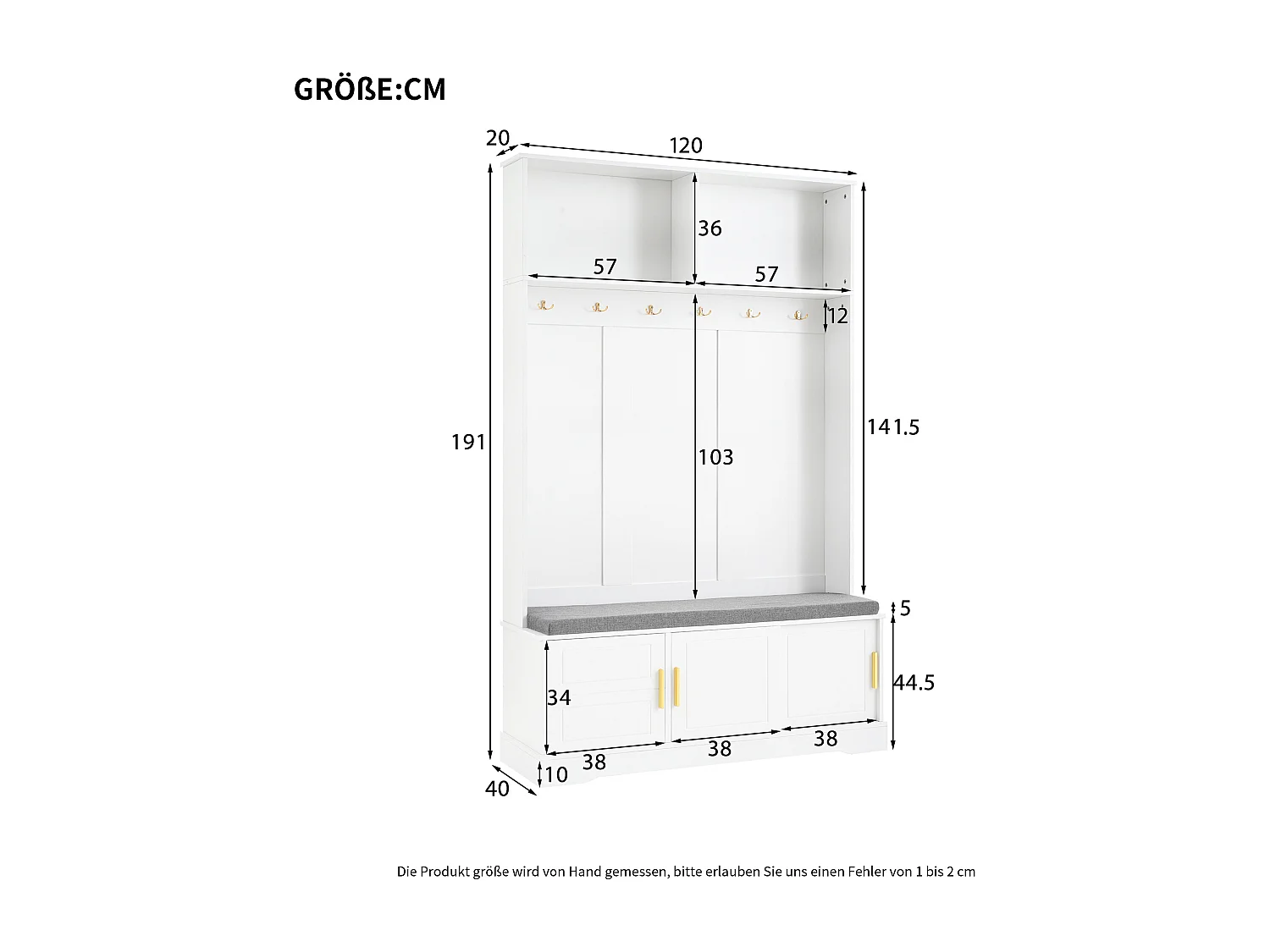 Porte-manteau blanc avec banc à chaussures, 6 crochets et espace de rangement - Meuble d’entrée compact