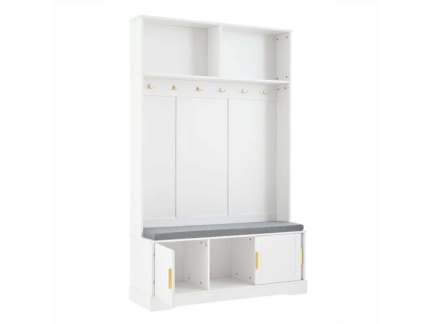 Porte-manteau blanc avec banc à chaussures, 6 crochets et espace de rangement - Meuble d’entrée compact