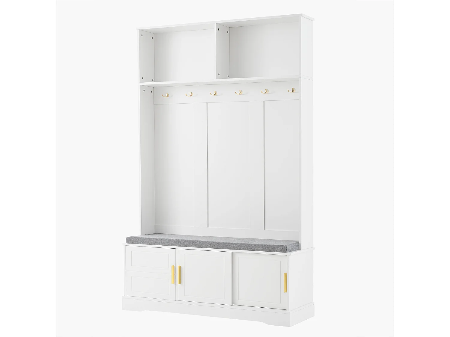 Porte-manteau blanc avec banc à chaussures, 6 crochets et espace de rangement - Meuble d’entrée compact