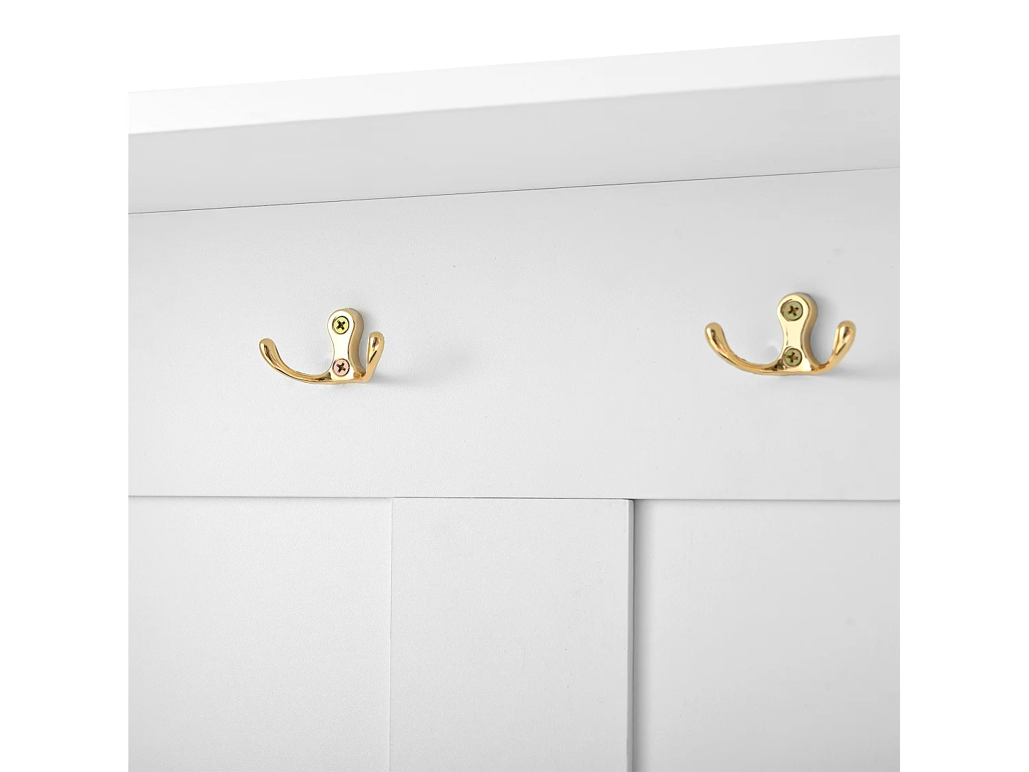 Porte-manteau blanc avec banc à chaussures, 6 crochets et espace de rangement - Meuble d’entrée compact