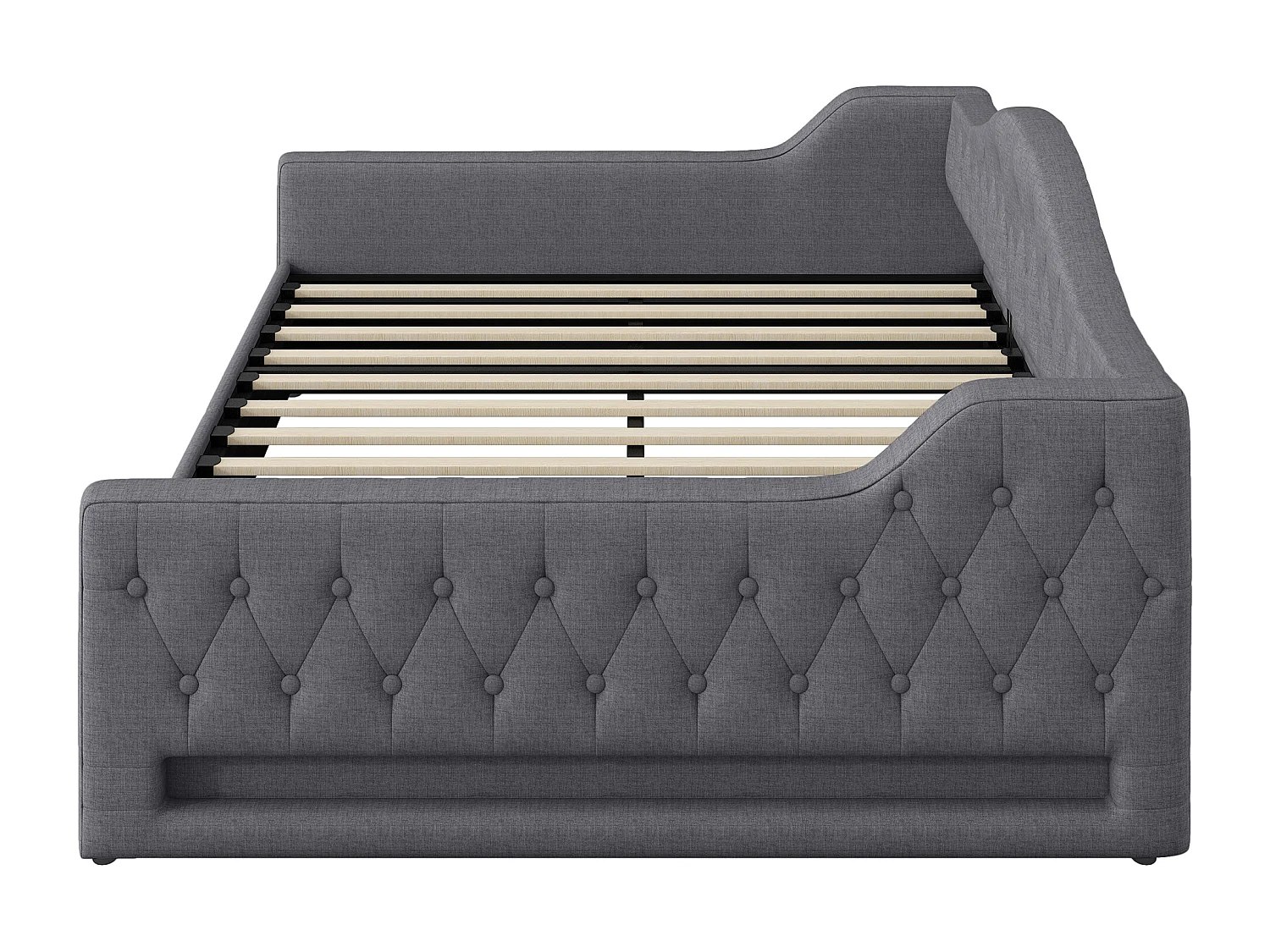 Slaapbank 140x200 cm, grijs linnen, bed met opbergruimte, ledstrip en lattenbodem - zonder matras