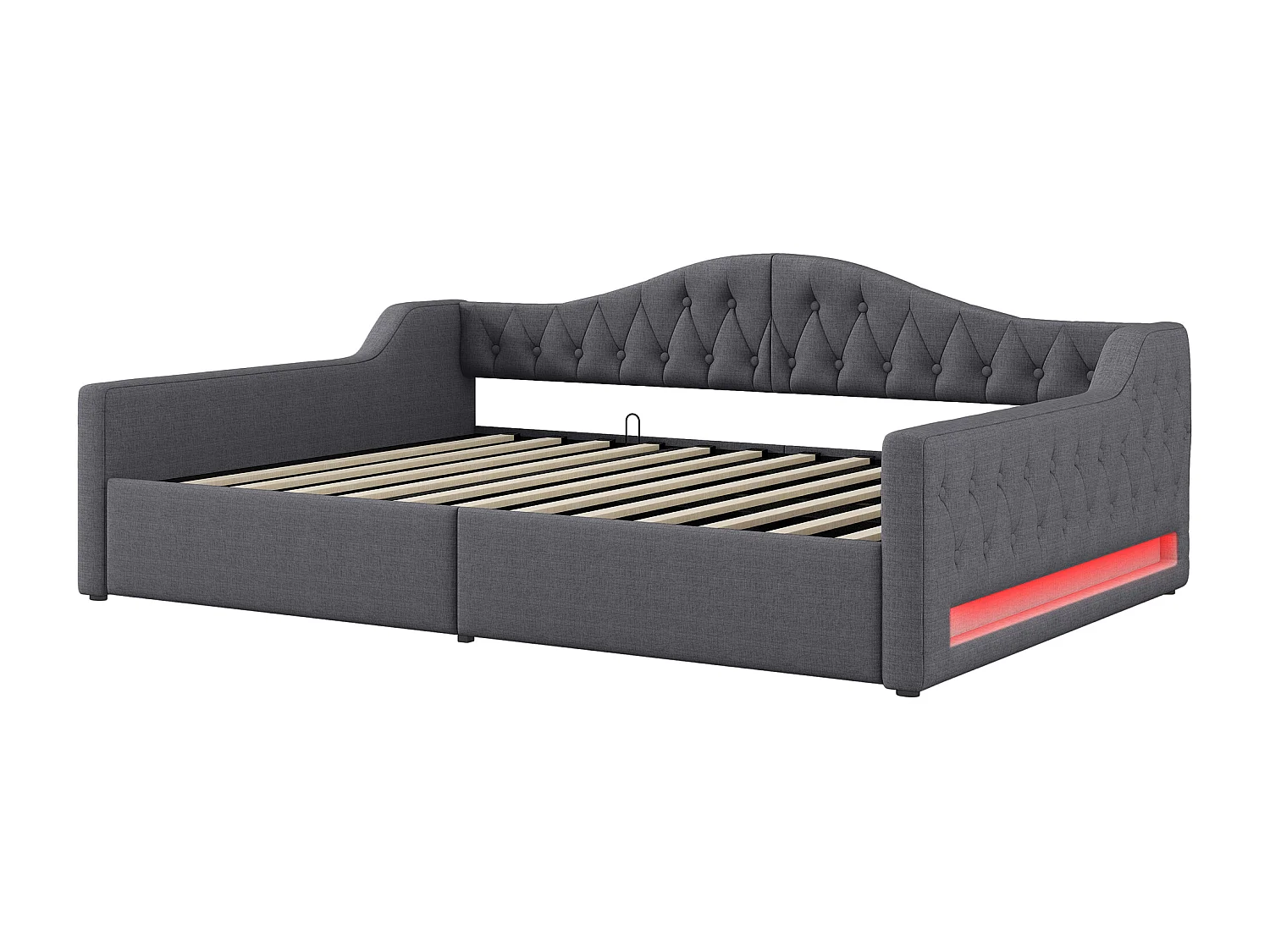 Slaapbank 140x200 cm, grijs linnen, bed met opbergruimte, ledstrip en lattenbodem - zonder matras