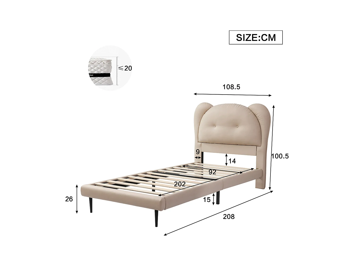 Lit enfant 90x200 cm, PU beige, lit simple avec tête de lit rembourrée et sommier à lattes - sans matelas