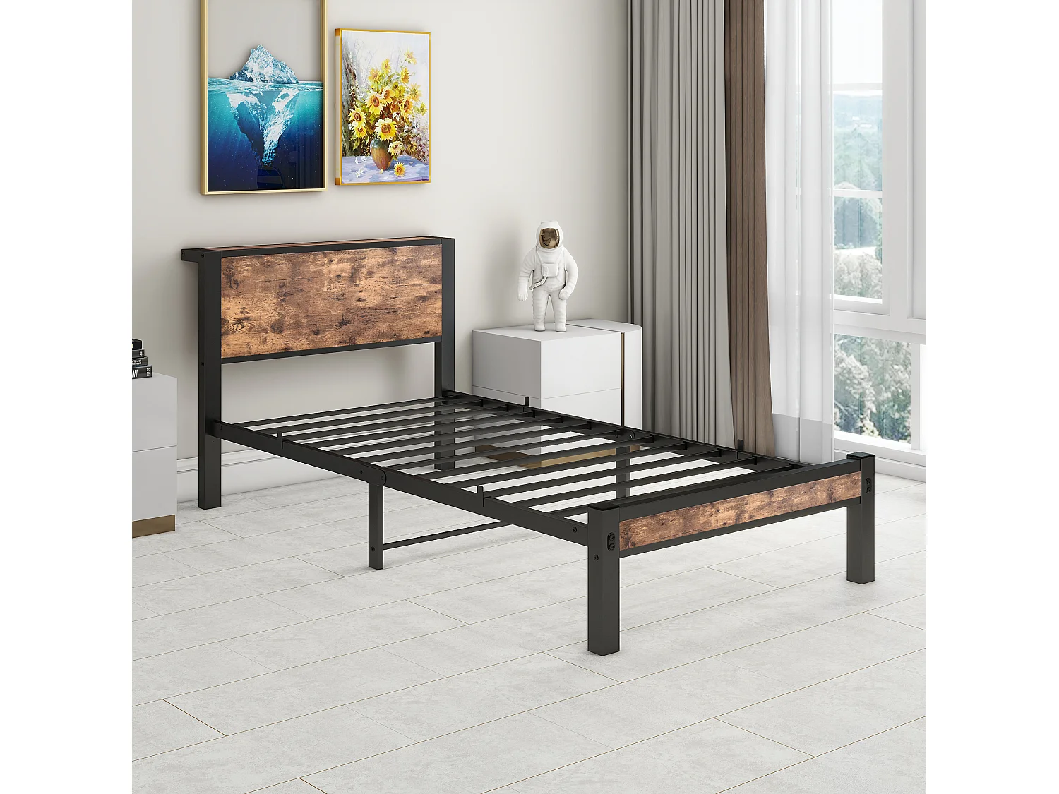 Eenpersoonsbed 90x200 cm, bruin, tienerbed met metalen lattenbodem - zonder matras