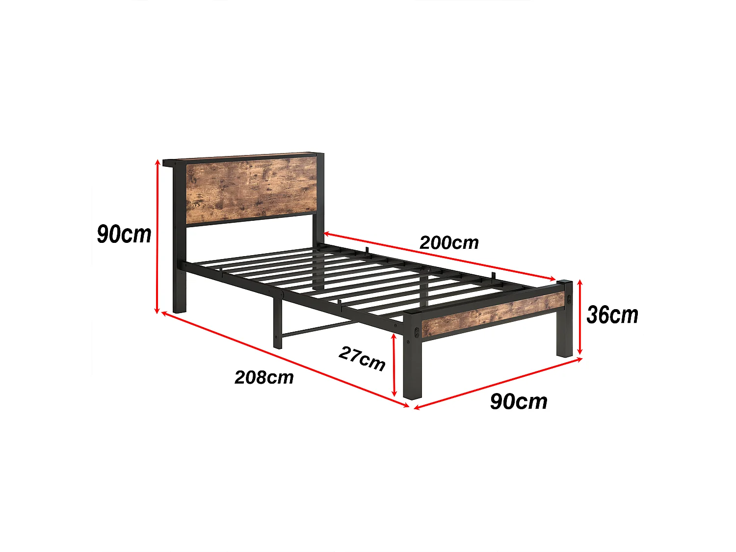 Eenpersoonsbed 90x200 cm, bruin, tienerbed met metalen lattenbodem - zonder matras