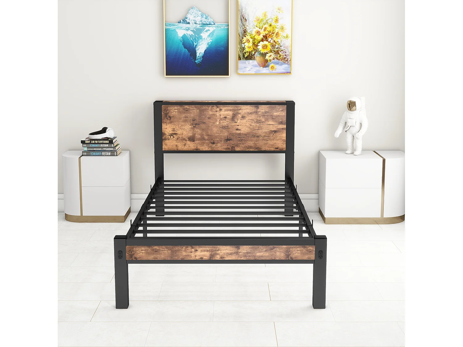 Eenpersoonsbed 90x200 cm, bruin, tienerbed met metalen lattenbodem - zonder matras