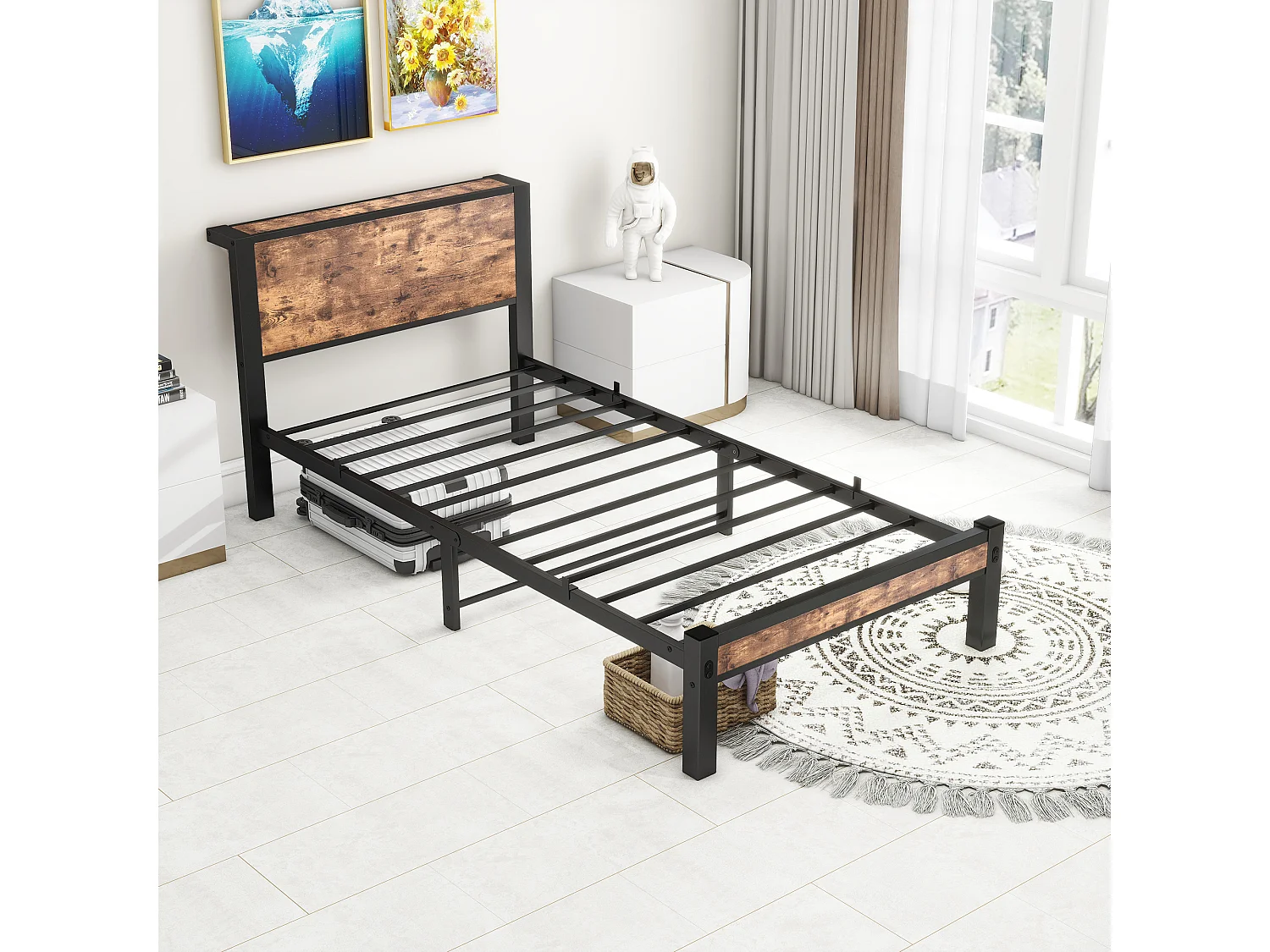 Eenpersoonsbed 90x200 cm, bruin, tienerbed met metalen lattenbodem - zonder matras