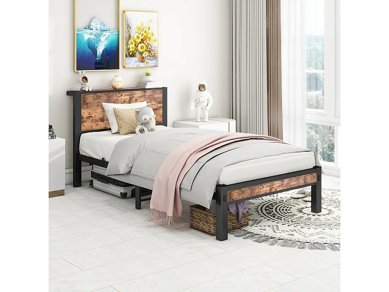 Letto singolo 90x200 cm, marrone, letto per ragazzi con rete a doghe in metallo - materasso non incluso