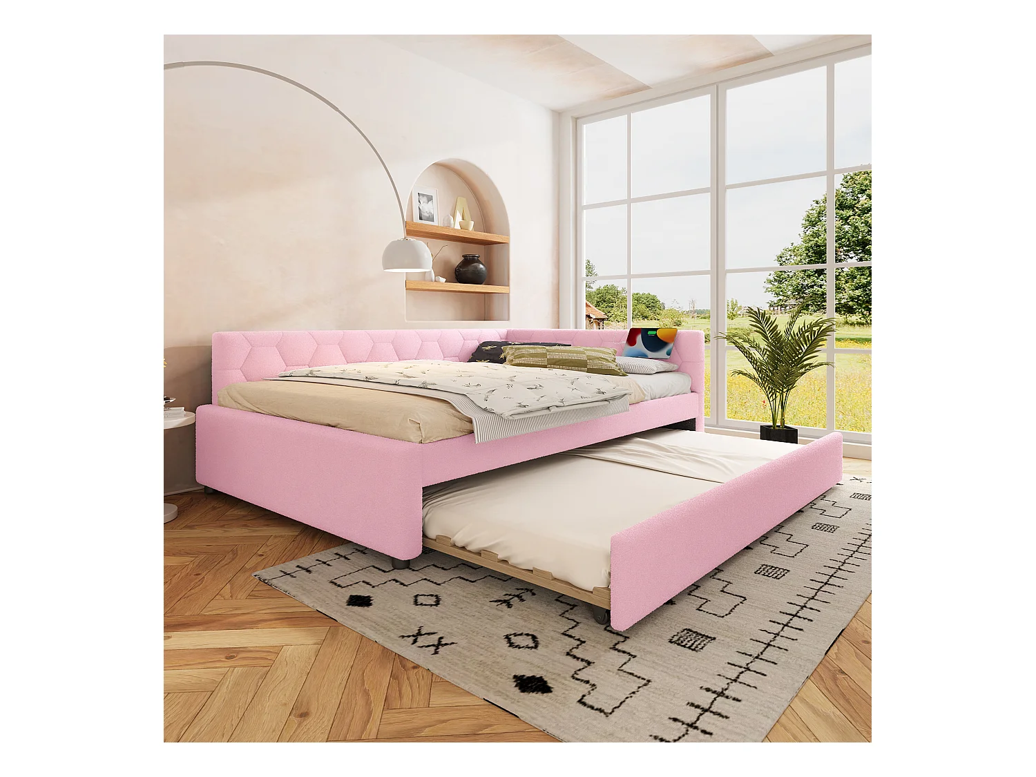 Lit banquette 140x200 cm, peluche rose, lit gigogne avec lampe de chevet et port USB - sans matelas