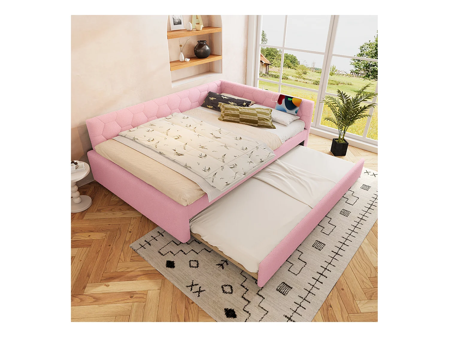 Lit banquette 140x200 cm, peluche rose, lit gigogne avec lampe de chevet et port USB - sans matelas