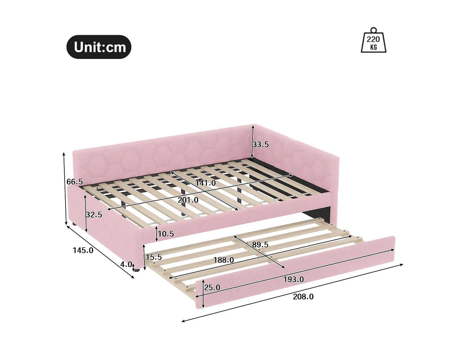 Lit banquette 140x200 cm, peluche rose, lit gigogne avec lampe de chevet et port USB - sans matelas