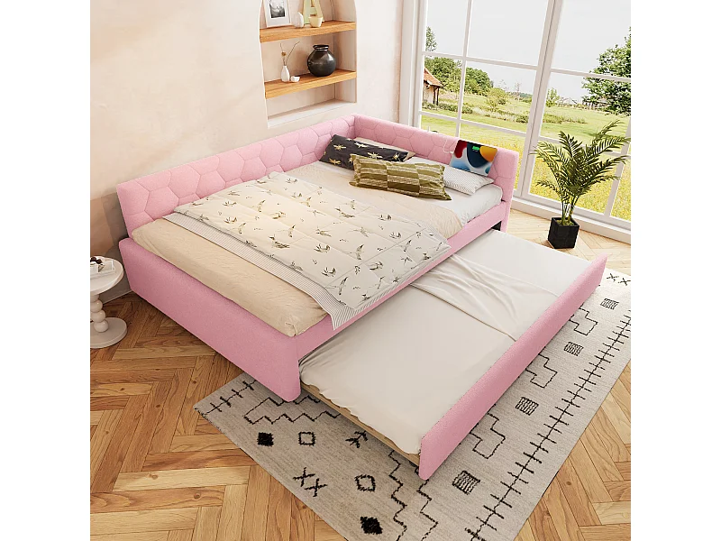 Lit banquette 140x200 cm, peluche rose, lit gigogne avec lampe de chevet et port USB - sans matelas