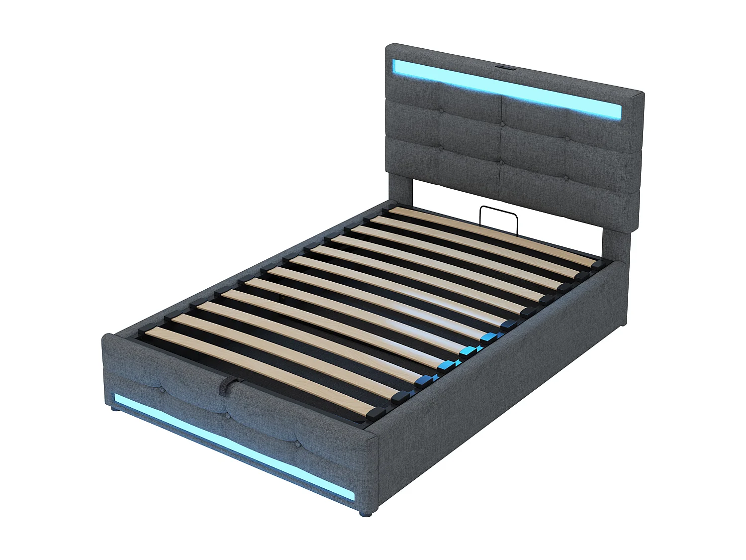 Kinderbed met opbergruimte, 90x200cm, ledverlichting en USB-aansluitingen, grijs linnen - matras niet inbegrepen