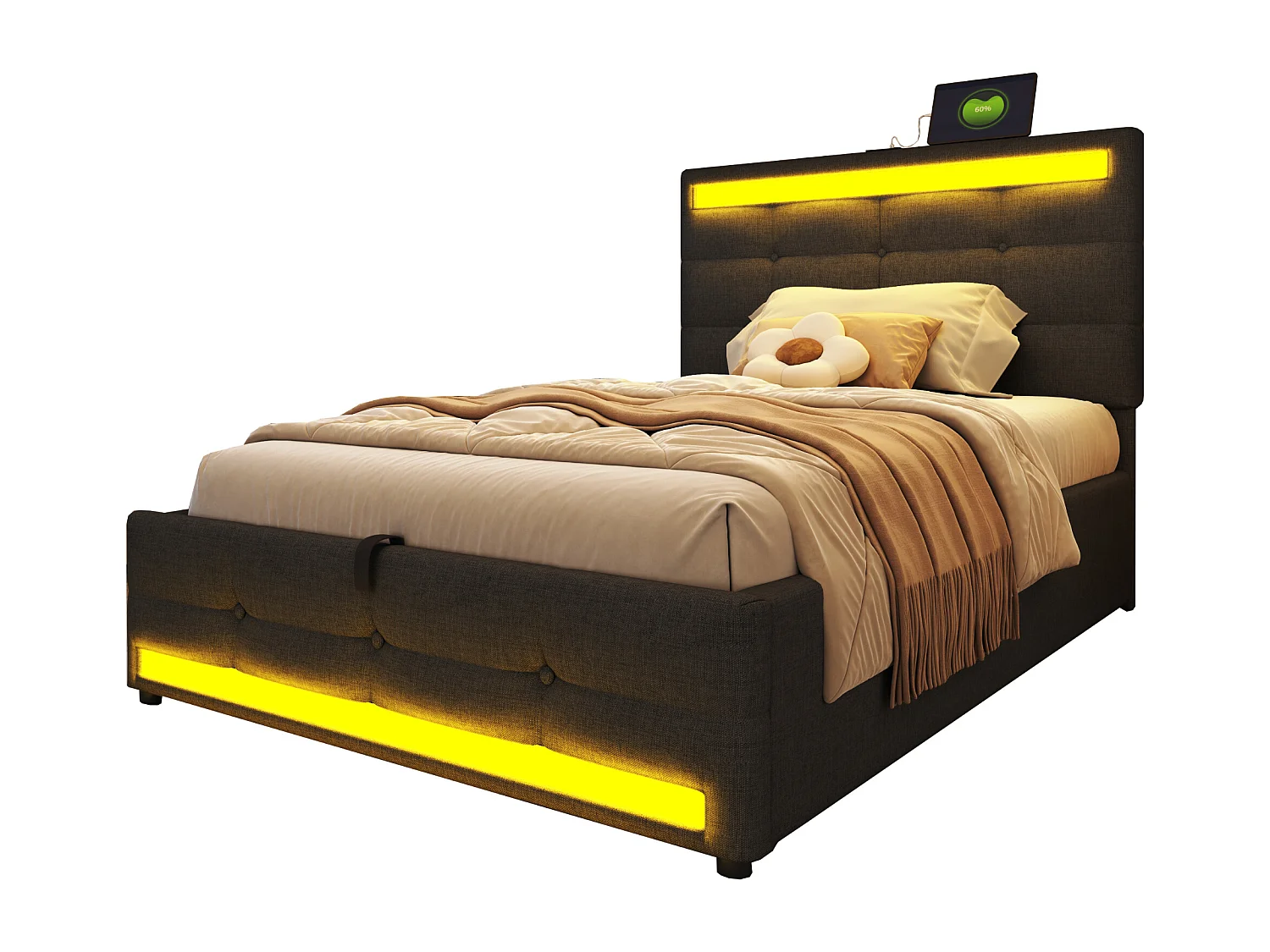 Kinderbed met opbergruimte, 90x200cm, ledverlichting en USB-aansluitingen, grijs linnen - matras niet inbegrepen