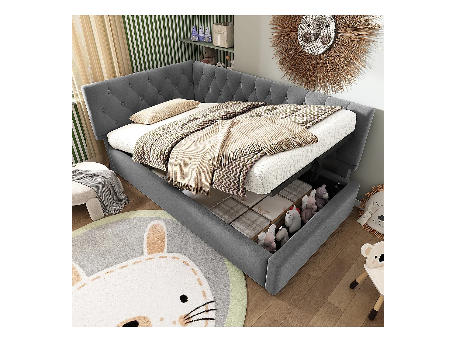 Lit banquette 90x190 cm avec rangement et sommier à lattes, velours gris - sans matelas