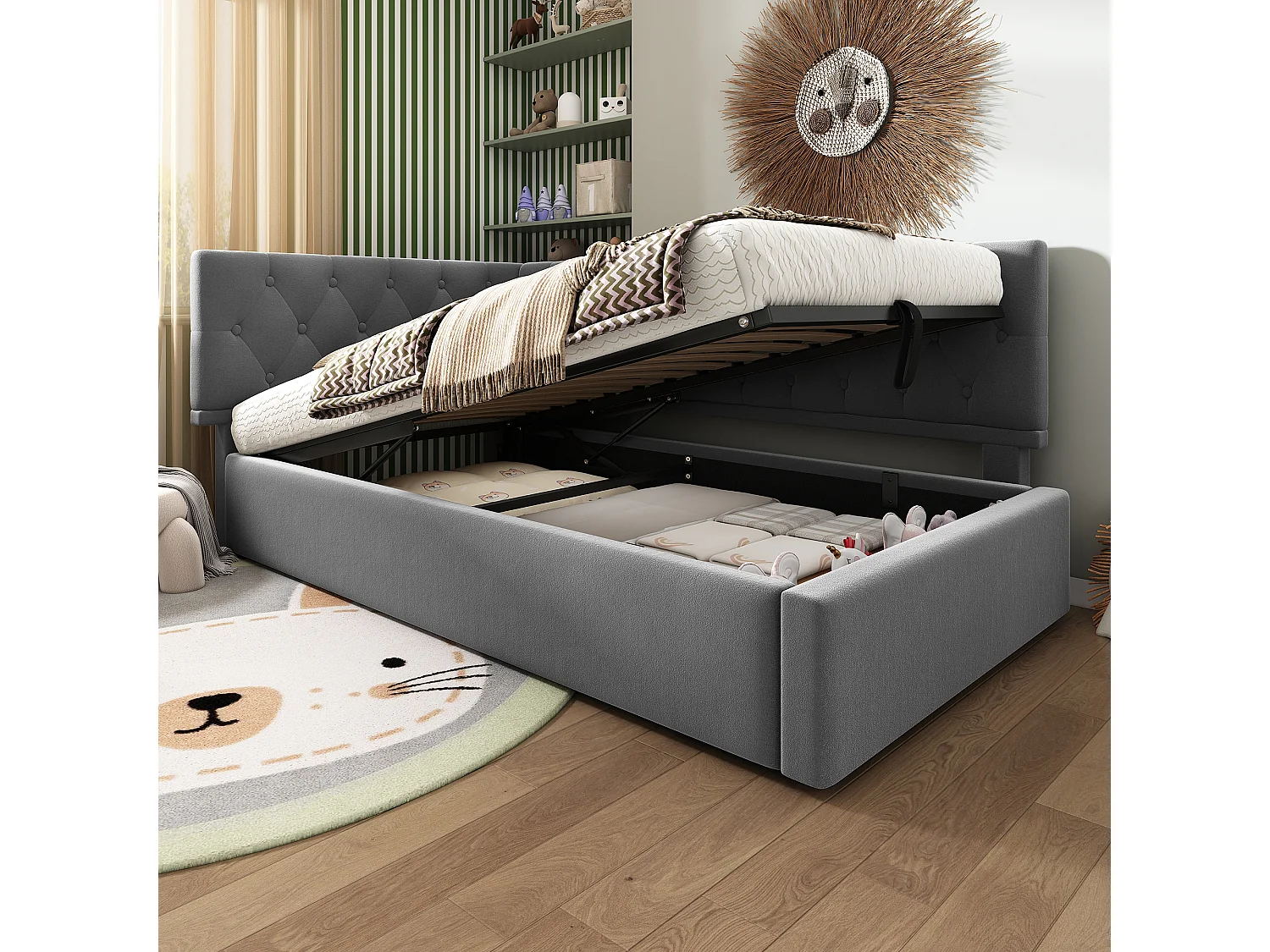 Lit banquette 90x190 cm avec rangement et sommier à lattes, velours gris - sans matelas