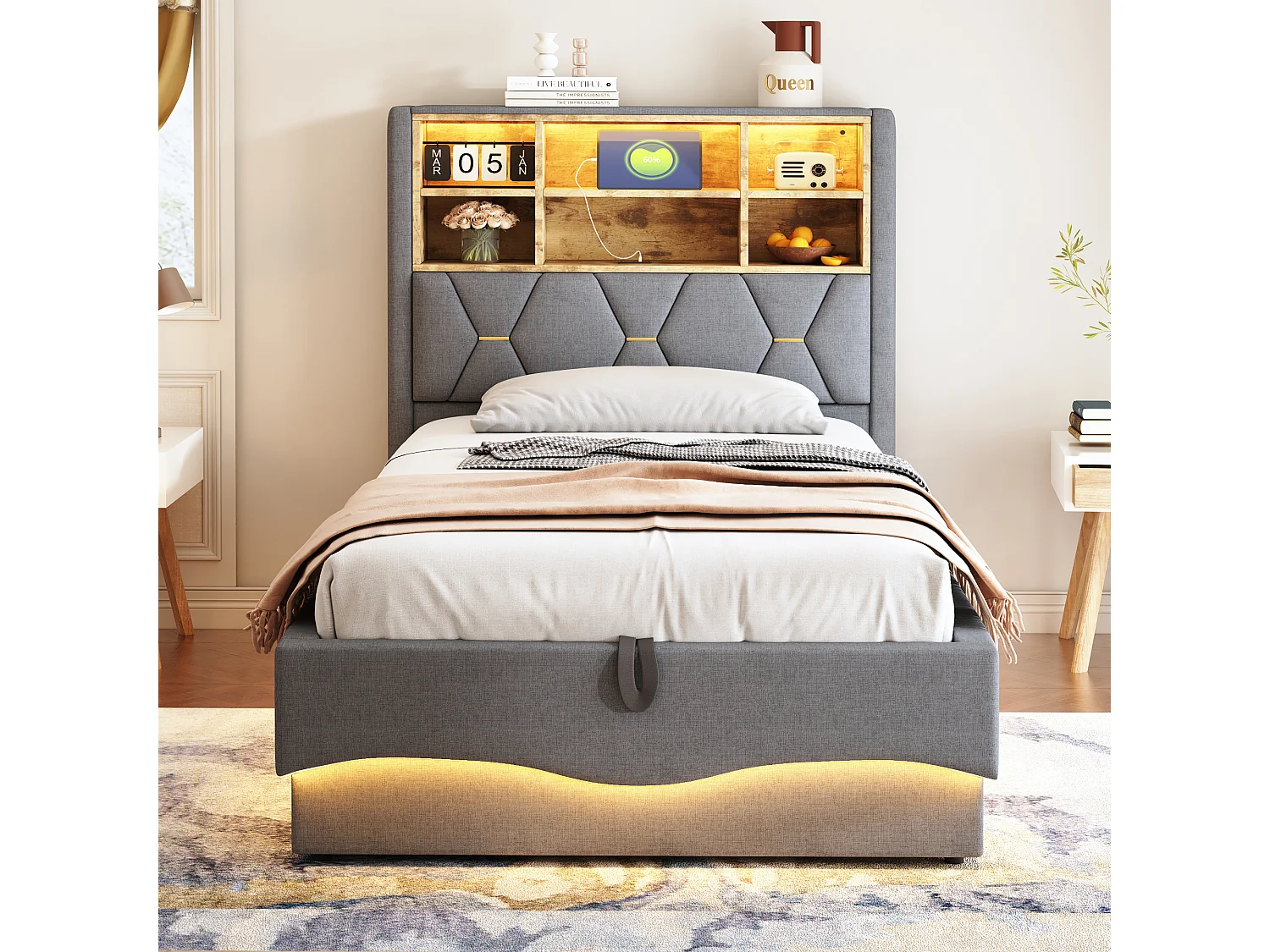 Letto contenitore 90x200 cm, lino grigio, letto per bambini con luci a LED e porta USB, testiera contenitore - senza materasso