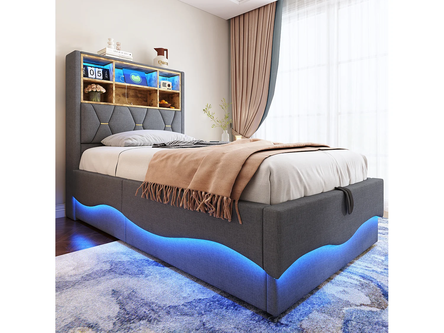 Letto contenitore 90x200 cm, lino grigio, letto per bambini con luci a LED e porta USB, testiera contenitore - senza materasso