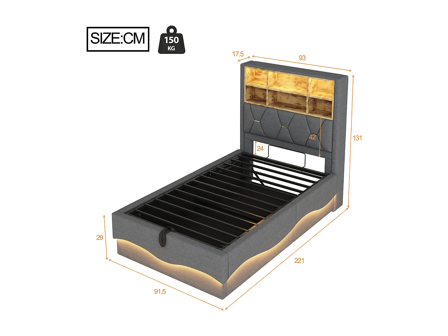 Letto contenitore 90x200 cm, lino grigio, letto per bambini con luci a LED e porta USB, testiera contenitore - senza materasso