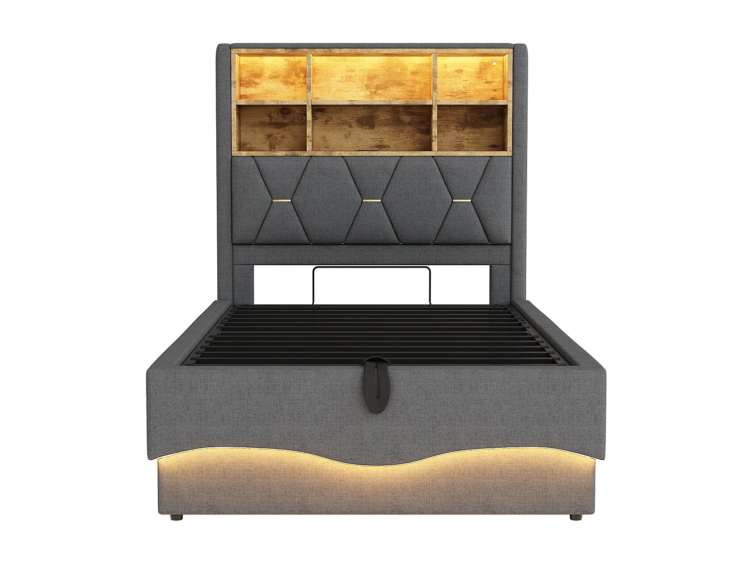 Letto contenitore 90x200 cm, lino grigio, letto per bambini con luci a LED e porta USB, testiera contenitore - senza materasso